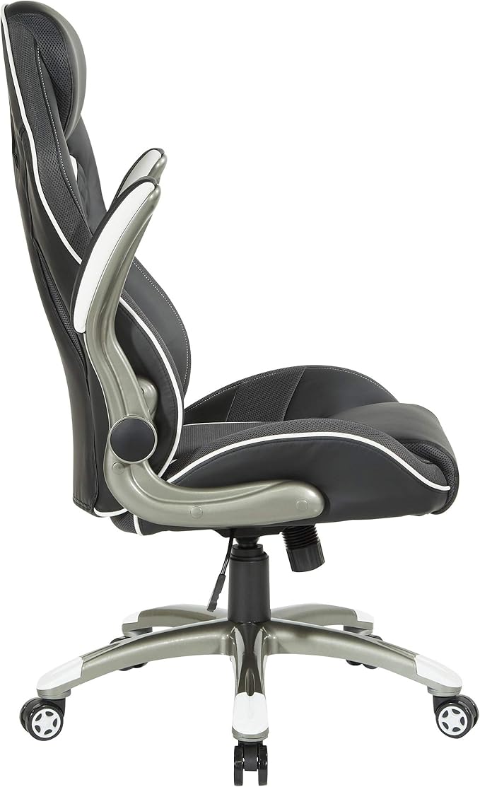 OSP Home Furnishings Xplorer 51 Ergonomic Adjustable High Back Gaming Chair with Lumbar Support and Padded Flip Arms Black Faux Leather with White Trim
