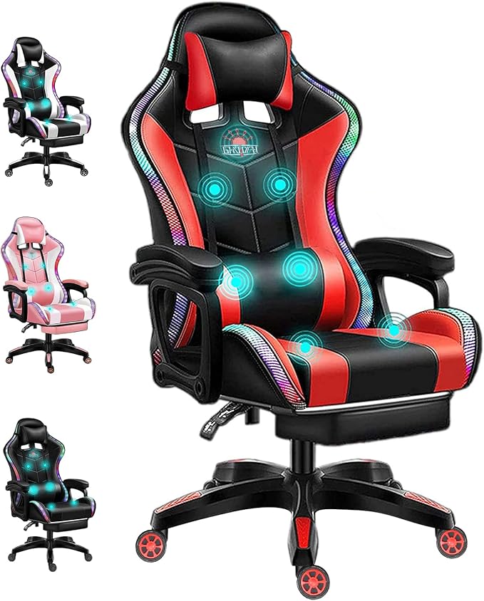Gaming Chair with Bluetooth Speakers RGB LED Lights &amp Footrest Massage Computer Gaming Chair/Video Game Chair for Adults &amp Teen Enhance Gaming ExperienceRed