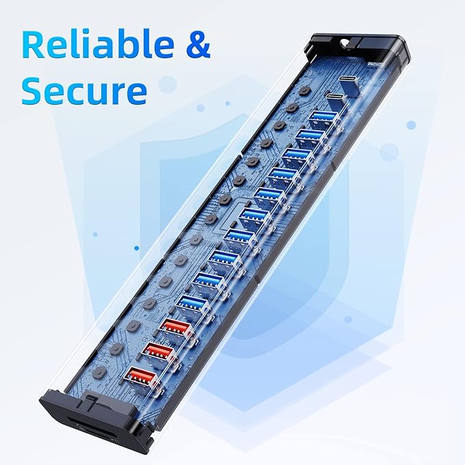 Powered USB Hub 10Gbps 17 Ports 96W USB 3.2 Hub(10 USB-A 3.2 Ports+3 QC 24W Fast Charging Ports+2 USB-C 3.2 Ports+SD/TF Card Reader) 12V/8A Power Adapter for Laptop PC Computer HDDFlash Drive