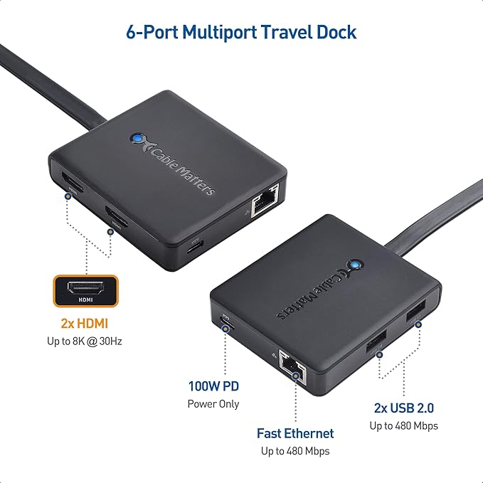 Cable Matters Dual Monitor USB C Hub (USBC Dock) with Dual 4K HDMI 2X USB 2.0 Ethernet and 100W Charging - Thunderbolt 4 / USB4 / Thunderbolt 3 Port Compatible with Windows