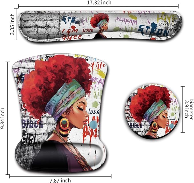 Ergonomic Mouse Pad Wrist Support Gel and Keyboard Wrist Rest Set African Graffiti Girls with Red Hair Design for Laptop Gaming and Office Comfortable and Pain Relief + Coaster
