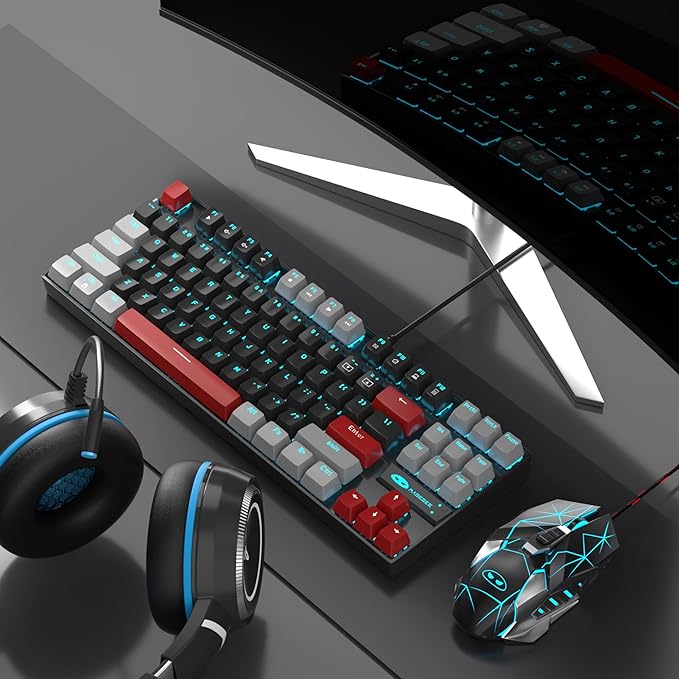MageGee 75% Mechanical Gaming Keyboard Red Switch LED Blue Backlit 87 Keys Compact TKL Wired Computer Keyboards for Windows Laptop PC Gamer - Black/Grey