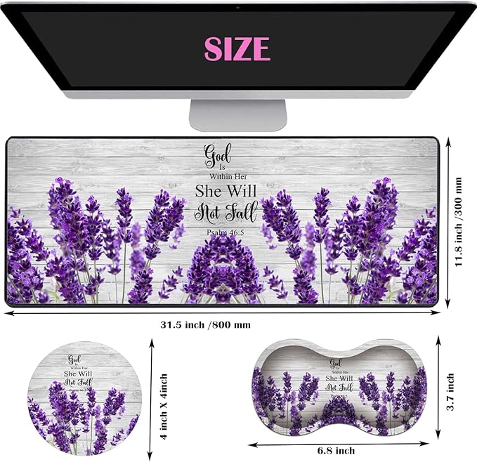 Large Gaming Mouse Pad 31.5x11.8 Inch Keyboard Pad + Ergonomic Wrist Rest Pad and Coaster with Non-Slip 3-Piece Desk Supplies Set Bible Psalm 46:5 Lavender Design for Gamers/Office/Study