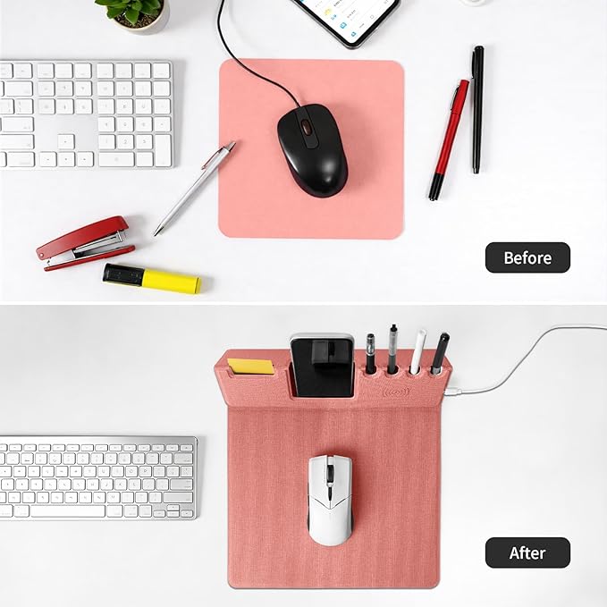 Mouse Pad with Phone Holder &amp Pen Holders Wireless Charging Desk Mat Mousepad Home Office Desk Pad with Ultra-Smooth Surface Non-Slip Base Waterproof Keyboard Pad Classic Pink Desk Mat