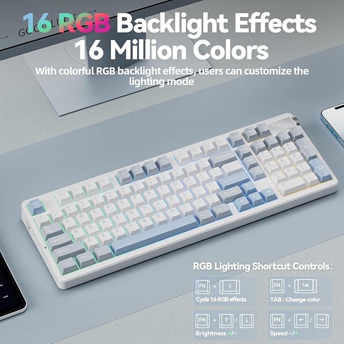 LEOBOG A98-96% Mechanical Keyboard Wireless Tri-Mode BT5.0/2.4GHz/USB-C Creamy Keyboard with Number Pad Gasket Structure Hot Swappable Custom Gaming Keyboard RGB Backlit with Knob for PC