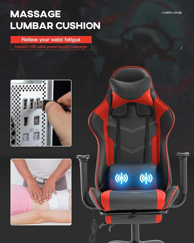Ergonomic PU Leather Massage Chair with Footrest/Armrest/Lumbar Support for Adults Racing Style Big and Tall Gaming/Work/Study Chairs