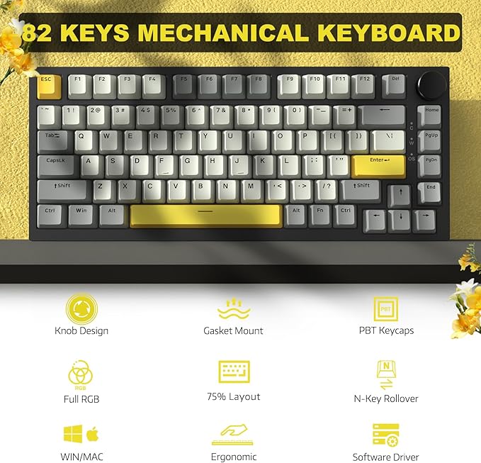 ATTACK SHARK Ajazz Hot Swappable Mechanical Keyboard 75% PercentTLK Custom Wired Keyboard Gaming with Rotary KnobRGB BacklitGasketNKROPBT Keycaps for Win/MacMoon Yellow Linear Switch