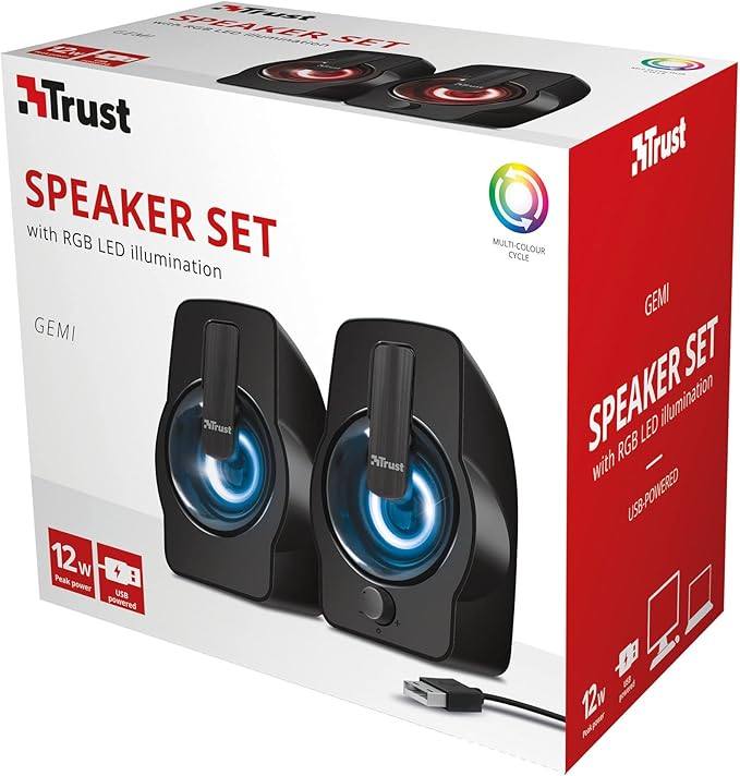 Trust Gemi RGB LED 2.0 PC Speakers for Computer and Laptop 12 W USB Powered Illuminated - Black
