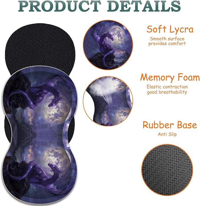 3-in-1 Large Mouse Pad Gaming Set (31.5 x 11.8 inch)+ Wrist Rest Pad + Coaster Memory Foam Gel Wrist Rest Pad for Pain Relief Stitched Edges Non-Slip Table Mat Starry Purple Dragon
