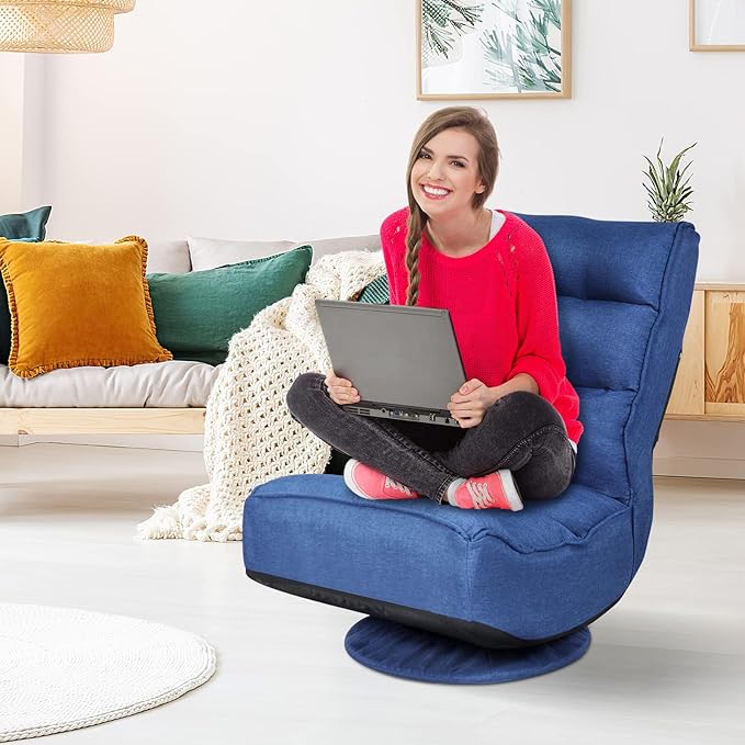 ERGOMASTER Reclining Folding Floor Gaming Chair for Home Office and Lounging Reading w/ 360-Degree Swivel 5 Adjustable Positions Tufted Cushions （Blue）