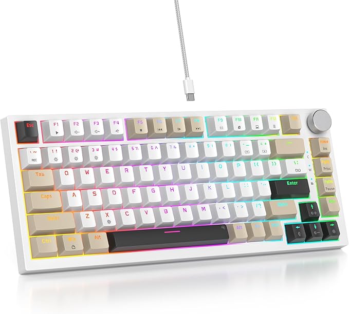 75 Percent Keyboard Gasket-Mounted with Sound Absorbing Pads 82-Key Compact Wired RGB Mechanical Gaming Keyboard Hot-Swap Socket for Win Gray Black White