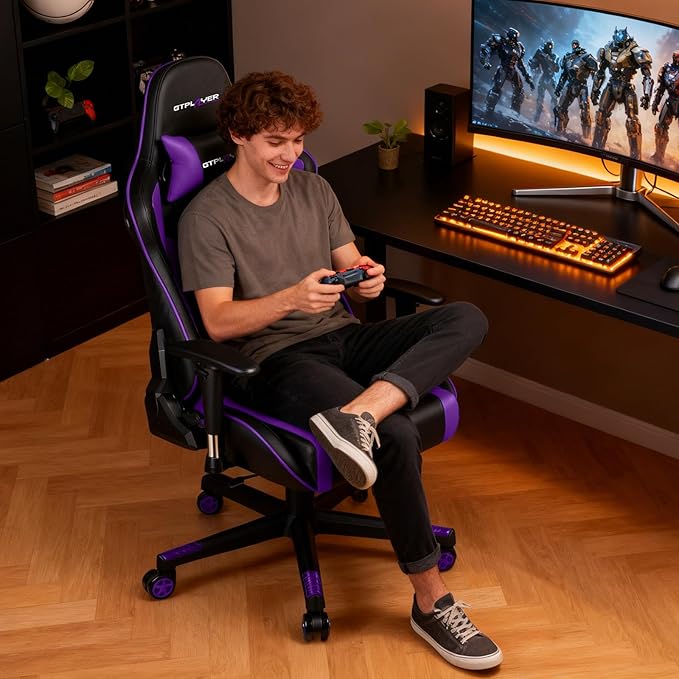 GTPLAYER Gaming Chair with SpeakersVideo Game Chair Bluetooth Music with Lumbar Support Ergonomic Comfortable Office Computer Chair for Adults Adjustable Reclining Chair 360° Swivel Light Purple
