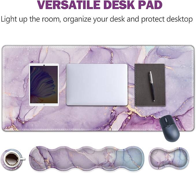 Upgraded Extended Gaming Mouse Pad Keyboard Wrist Rest Pad Wrist Support Mousepad Set Artso Large Stable Rubber Base Stitched Edges Multifunctional Desk Pad (35 x15.5 in) Purple Blue Marble