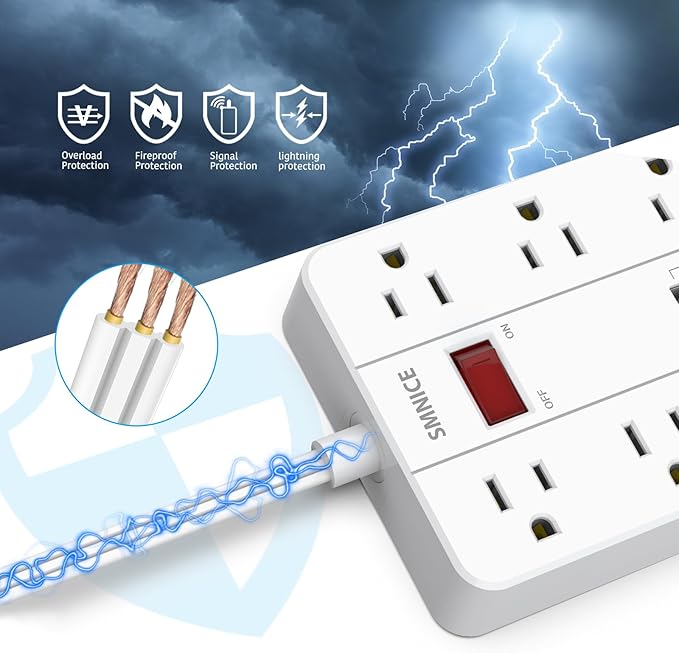 Power Strip with USBSurge Protector Flat Plug with 8 Widely Spaced Outlets and 6 USB Ports(1 USB C) 5ft Extension Cord Wall Mountable Phone Tablet Laptop Computer Multiple Devices