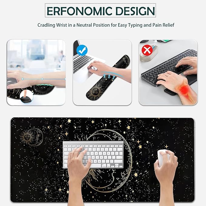 Large Mouse Pad Ergonomic Mouse Pad with Wrist Rest and Keyboard Wrist Rest 4 in 1 Set 31.5 x11.8 inch Extended Desk Pad for Home Office Funy Sun Moon Star Black Pattern XXL Black Gaming Mouse Mat