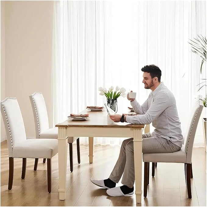 Adjustable Office Computer Chair with Armrest 1pcs Beige Upholstered Fabric Dining Room Chair with Nailhead Trim and Solid Wood Legs