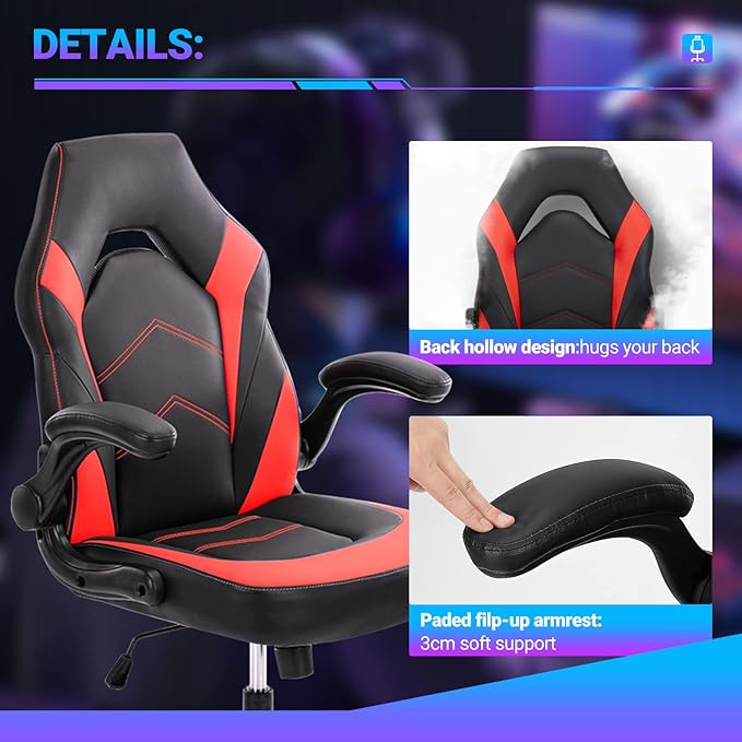 Yapamar Gaming ChairPU Leather Ergonomic Office Chair Swivel Computer Gaming Chair with Lumbar Support - Red