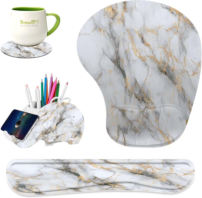 Keyboard Wrist Rest Pad Ergonomic Mouse Pad SetNon-Slip PU Base for Laptop Home Gaming OfficeMatching Elephant Pen Holder and Cup Coaster(Gold Marble) …