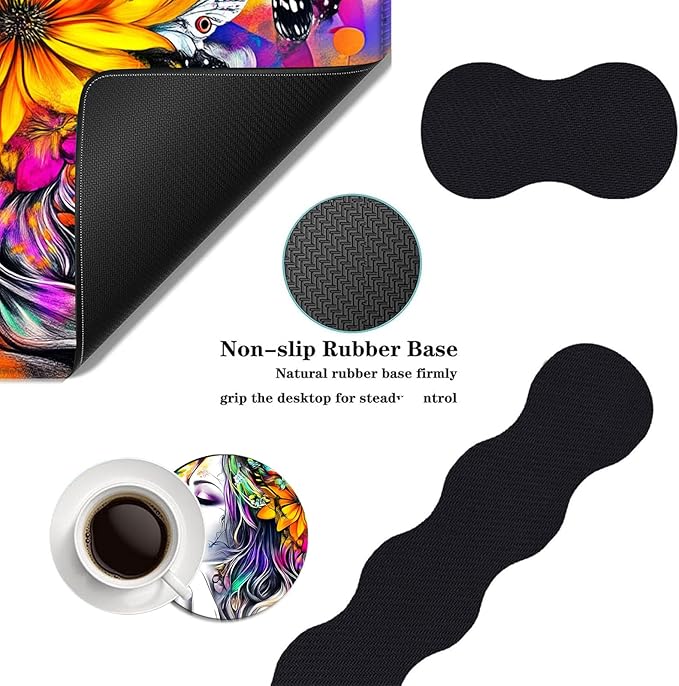 Mouse PadLarge Desk Mat Set 4in1 XL Mousepad + Keyboard Wrist Rest+Mouse Wrist Rest+Coaster with Ergonomic Desk Pad for Home Office Table Computer Cover -Woman with Floral Hair