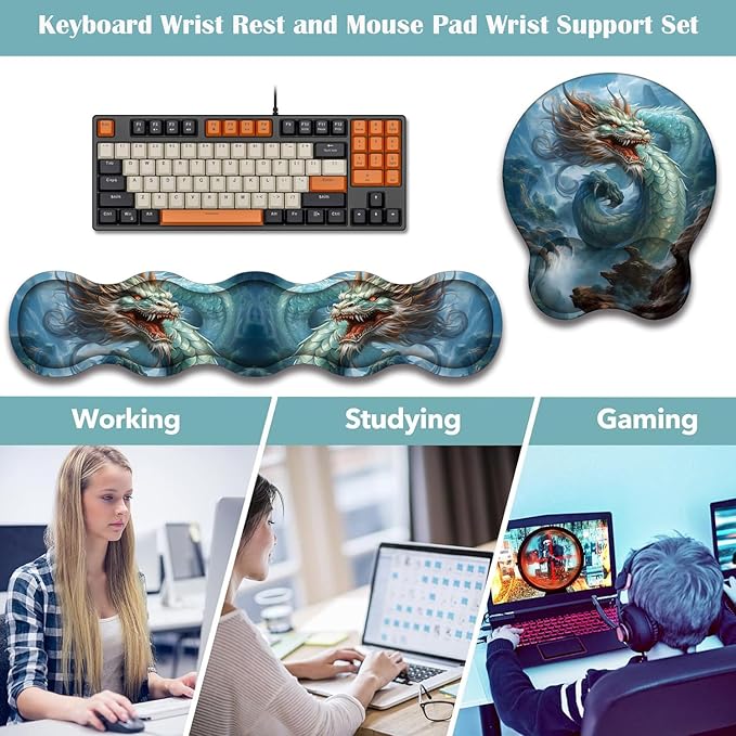 Mouse Wrist Rest and Keyboard Wrist Rest Pad+ Coaster Set Non-Slip Rubber Base Smooth Surface Ergonomic Gaming Mouse Pad for Easy Typing and Pain Relief Azure Dragon