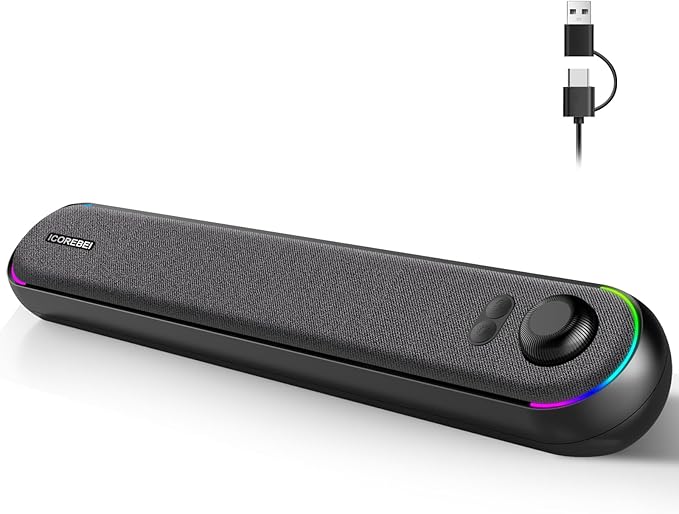 Desktop Computer Speakers Stereo Soundbar Bluetooth 5.3 USB/Type-C Power and Audio Transmission Plug-and-Play Compatible with PC Mac Laptops Monitors RGB Lighting Wired Gaming Speakers