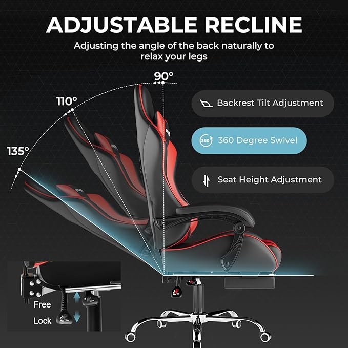 GTPLAYER Gaming Chair Computer Chair with Footrest and Lumbar Support Height Adjustable Game Chair with 360°-Swivel Seat and Headrest and for Office or Gaming (Faux Leather Red)