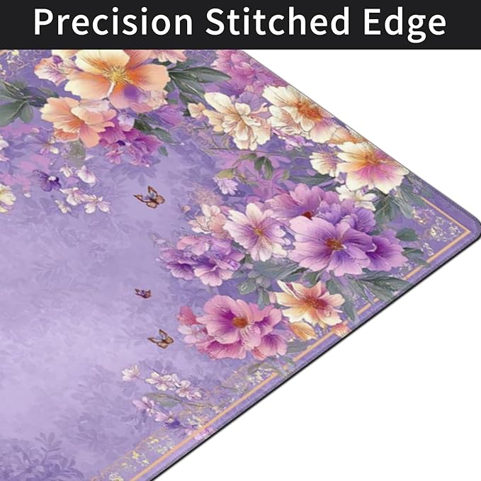 Extra Large Floral Mouse Pad‌ 48 x 24 - Beautiful Flower &amp Butterfly Design XXXL Desk Mat with Non-Slip Base Violet Mousepad Comfortable Keyboard Mat for Gaming &amp Work