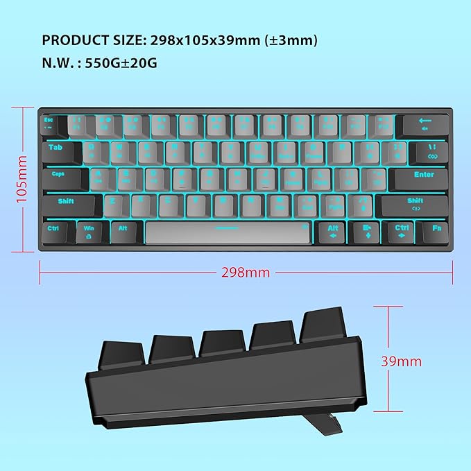 Snpurdiri 60% Wired Mechanical Gaming Keyboard Ice Blue LED Backlit 61 Keys Mini Wired Office Keyboard for Windows Laptop PC Mac (Black-Grey Red Switches)
