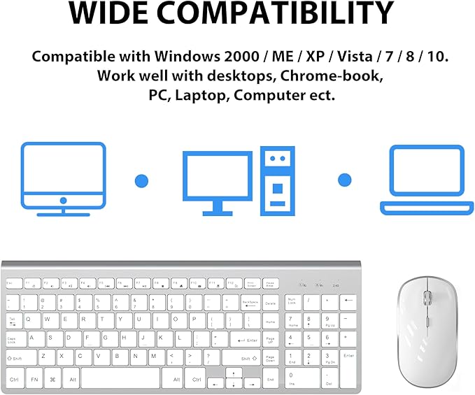 Wireless Keyboard Mouse JOYACCES 2.4G Compact and Ultra Slim Wireless Keyboard and Mouse for Windows Computer Desktop PC Laptop-Sliver