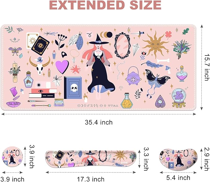 Pink Keyboard Mouse Pad Set Large Gaming Deskpad Rectangle +Keyboard Wrist Rest +Mouse Wrist Support +Coaster Ergonomic Memory Foam Mousepad Combo Witch Mirror