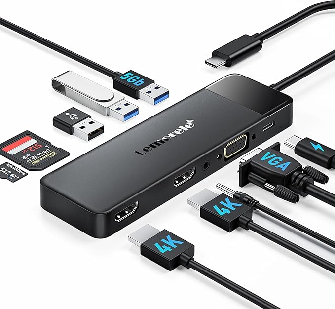 Lemorele 10 in 1 USB C Docking Station 3*DisplayUSB-C Hub with 2X HDMI 4K 3X USB 3.0/2.0 VGA 100W PD Audio SD/TF for Windows MacBook Dell HP Lenovo Surface