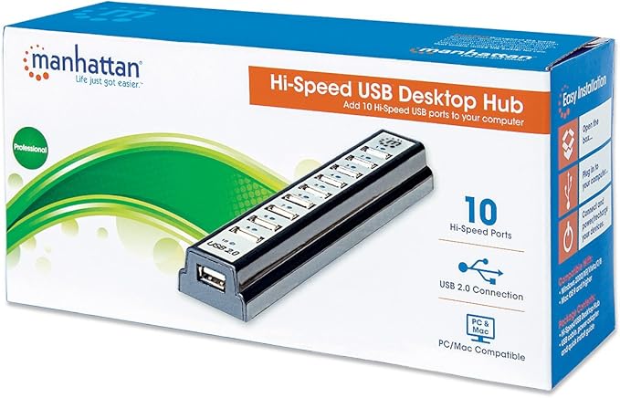 Manhattan Hi-Speed USB Desktop Hub with 10 Ports Bus Power and 1.5/12/480 Mbps (161572)
