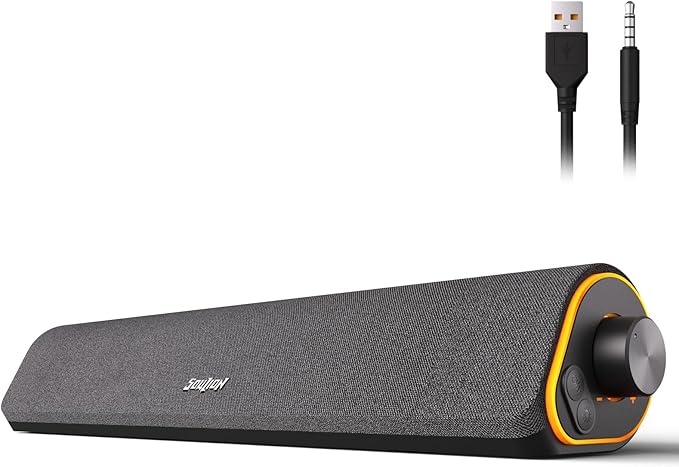 SOULION R50 Bluetooth Computer Speakers 3.5mm PC Sound Bar for Desktop Monitor Wired USB Powered &amp Colorful LED Lights with Switch Button Surround Sound Soundbar PC Spearkers for Computer