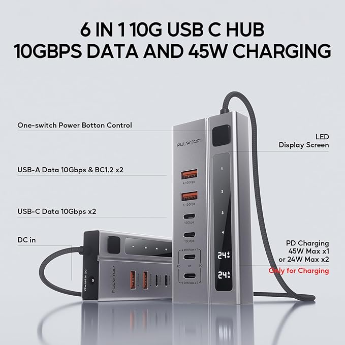 Powered USB C Hub PULWTOP USB Hub Powered Support 10Gbps Data &amp PD 45W Charging Not Support Video 2USB-C 10Gbps Ports 2USB 3.1 10Gbps Ports power adapter for iMac MacBook Pro/AiriPad XPS Ada