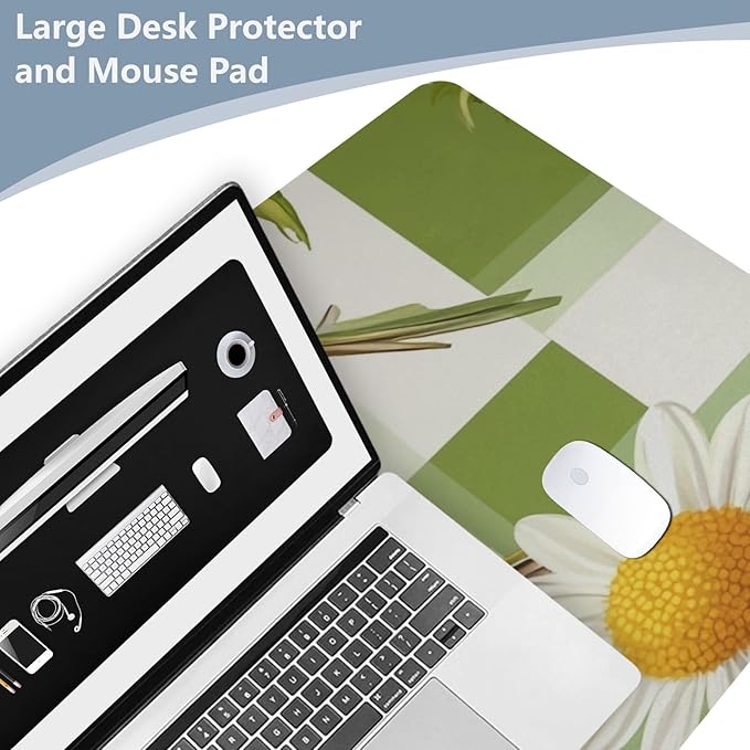 Mouse Pad Desk Mat Leather Desk Pad Large Gaming Desk Cover Protector Mat for Keyboard Computer Laptop Office Waterproof 47.2 x 23.6 Inch Checkered Green and White Hummingbirds Daisy