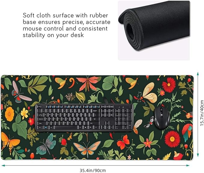 Butterfly Floral Mouse PadDesk MatLarge Waterproof Non-Slip Rubber Mousepad with Stitched Edges Office Home Computer Desk Accessories35.4X15.7
