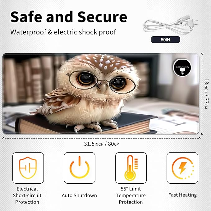 Warm Desk PadHeated Desk Pad Mouse Mat Gamingwith 3 Heating Levels &amp 3 Hours Auto Shut-OffLeather 31.5 x 13 Foot Warmer Keyboard Office MatCute Owl Book