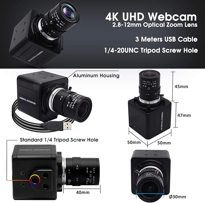 SVPRO 4K Webcam with Zoom Lens HD Manual Focus 4K 30fps Close-up Camera with 2.8-12mm Varifocal Lens 4X Optical Zoom External PC Camera for Windows Linux Android Mac OS Raspberry Pi