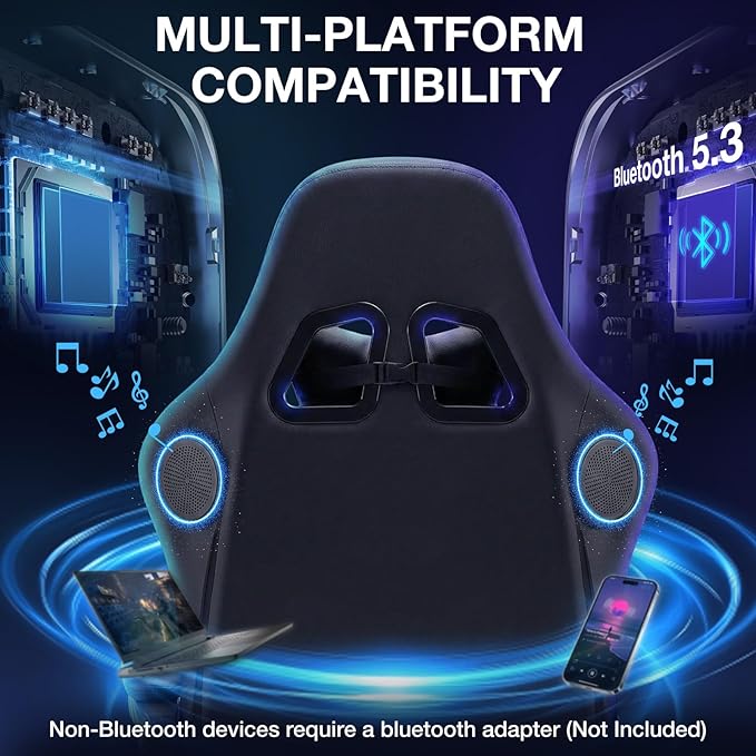 Gaming Chair with Bluetooth Speakers and LED RGB Lights Ergonomic Massage Computer Gaming Chair with Footrest High Back Music Video Game Chair with Lumbar Support Grey and Black