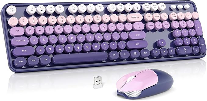Wireless Keyboard and Mouse Combo MOWUX Full Size Typewriter Retro Round Computer Keyboard Cute Optical Mouse Wireless Plug and Play for Laptop PC Computer- Purple Gradient