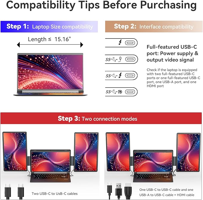 LXU Laptop Screen Extender 16 1200P FHD Laptop Monitor Extender 16:10 Triple Monitors for Laptops 12~18.5 Inch Detachable Portable Monitor for Laptops Plug n Play for Wins/Mac(NOT M1 M2 M3)