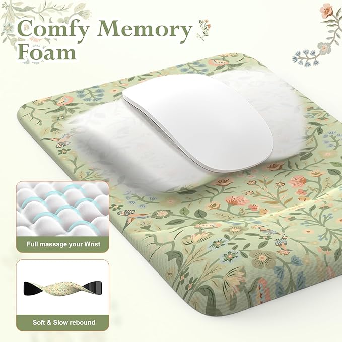iLeadon Mouse Pad with Wrist Rest Non-Slip Desk Mat for Keyboard and Mouse Mouse Pad Sets for Women Desk Wrist Pads for Keyboard Floral Mat for Home Office (Light Green)