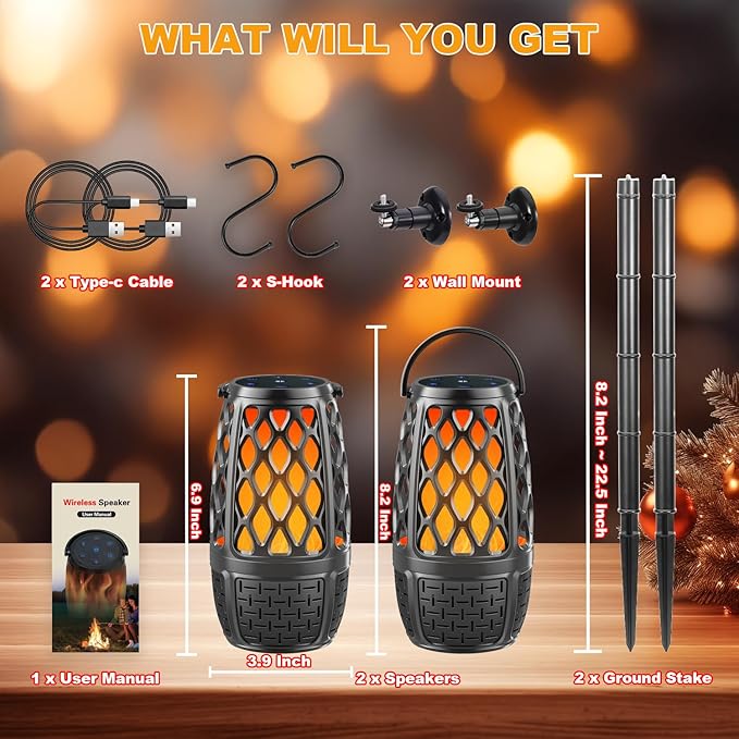 Upgraded Outdoor Bluetooth Speakers with Lights IPX6 Waterproof Flame Atmosphere Outdoor Speaker Auto-Pairing Multi-Sync up to 100 Speakers Cool Tech Gadget Gifts for Men Women Patio Garden Party