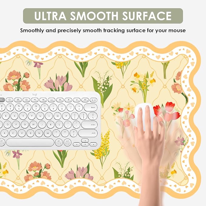 Idocolors Desk Mat for Keyboard and Mouse Large Aesthetic Scalloped Desktop MatCute Washable Non-Slip Computer Desk Mouse Pad for Office Home 31.5x15.7 Yellow Flower