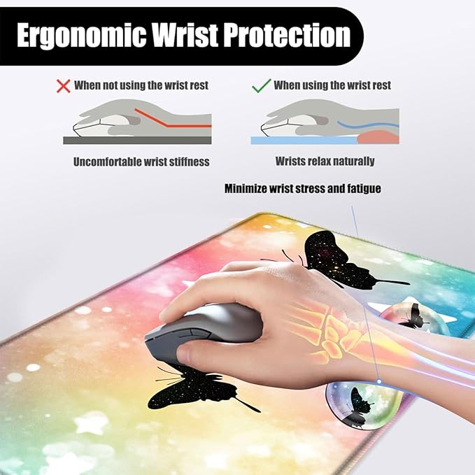 Mouse PadLarge Desk Mat Set 4in1 XL Mousepad + Keyboard Wrist Rest+Mouse Wrist Rest+Coaster with Ergonomic Desk Pad for Home Office Table Computer Cover -Butterfly Silhouettes and Stars