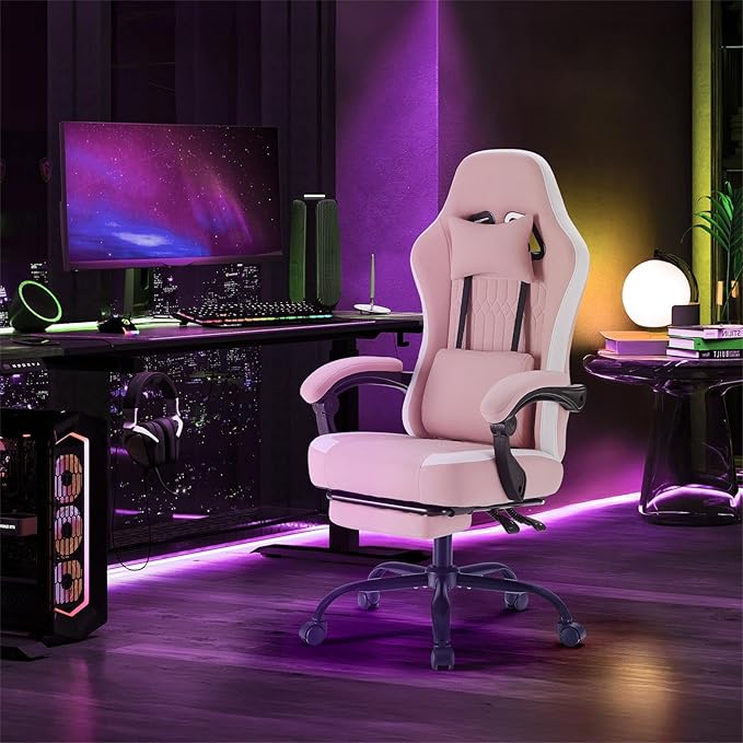 Sweetcrispy Video Gaming Chair - Ergonomic Desk Chair with Footrest and Lumbar Support Height Adjustable High Back Task Chair with Linkage Armrests and Headrest 360° Wheels Pink