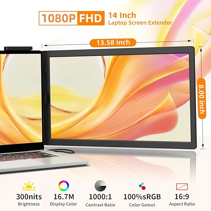 Laptop Screen Extender 14 FHD IPS 1080P Portable Monitor for Laptop Mini HDMI/Type-C PC Display Extender Fits 14-16.5 LaptopsPlug &amp Play for Windows/Mac/Android/Switch/PS5