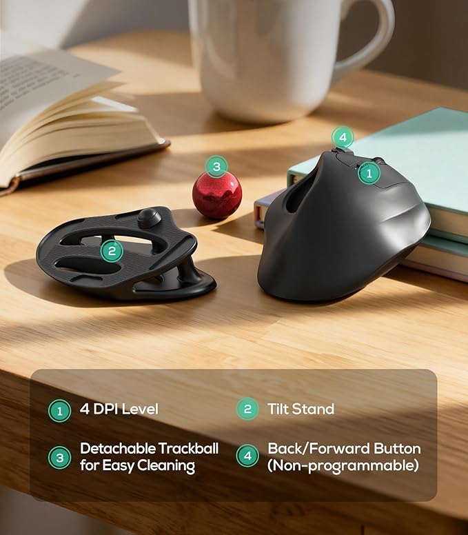 Nulea M511 Wireless Trackball Mouse Rechargeable Ergonomic Thumb-Control Mouse with Tilt Stand Smooth &amp Precision Tracking 3 Device Connection (Bluetooth or USB Receiver) for PC/Mac/Laptop-Red