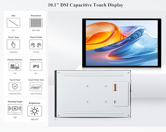 10.1inch DSI LCD 10-Point Capacitive Touch Screen Compatible with Raspberry Pi 5/4B/3B+/3A+/CM5/CM4/CM3+/CM3/RK3506/RK3576/ESP32-P4 800x1280 IPS Display Panel DSI Interface