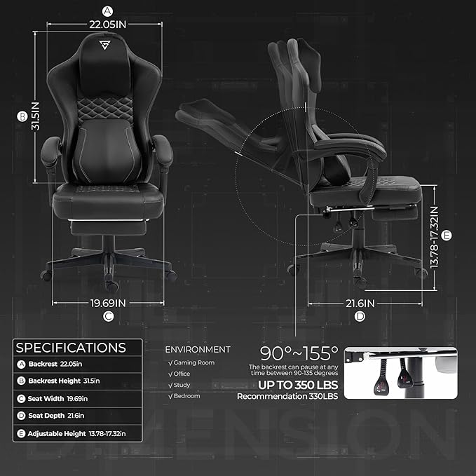 Gamer Chairs for Adults Ergonomic Gaming Chair with Massager &amp Footrest Video Game Chairs with Swivel Seat and Headrest (Black)